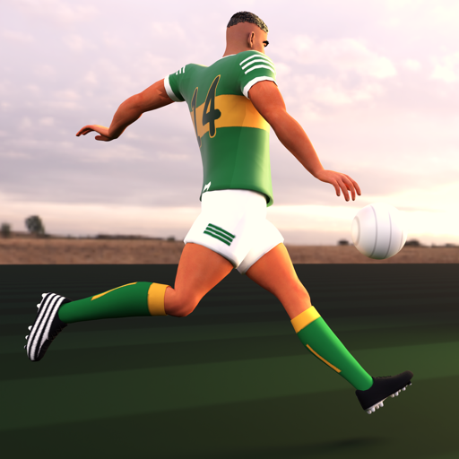 A footballer in green and gold county colours, seen from behind, striking the ball on a pitch at dusk.